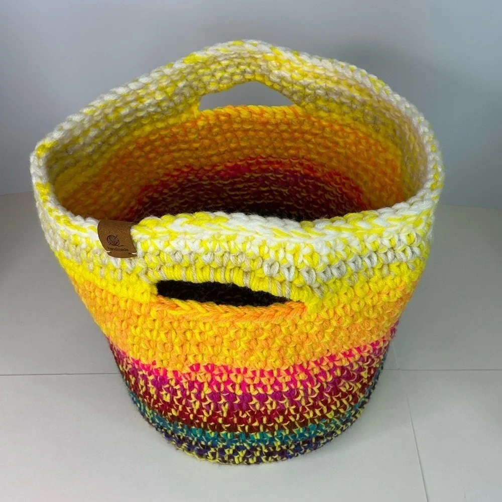 Handcrafted Multicolor Crochet Scrap Woven Tote Bag Basket Storage Handmade Knit
